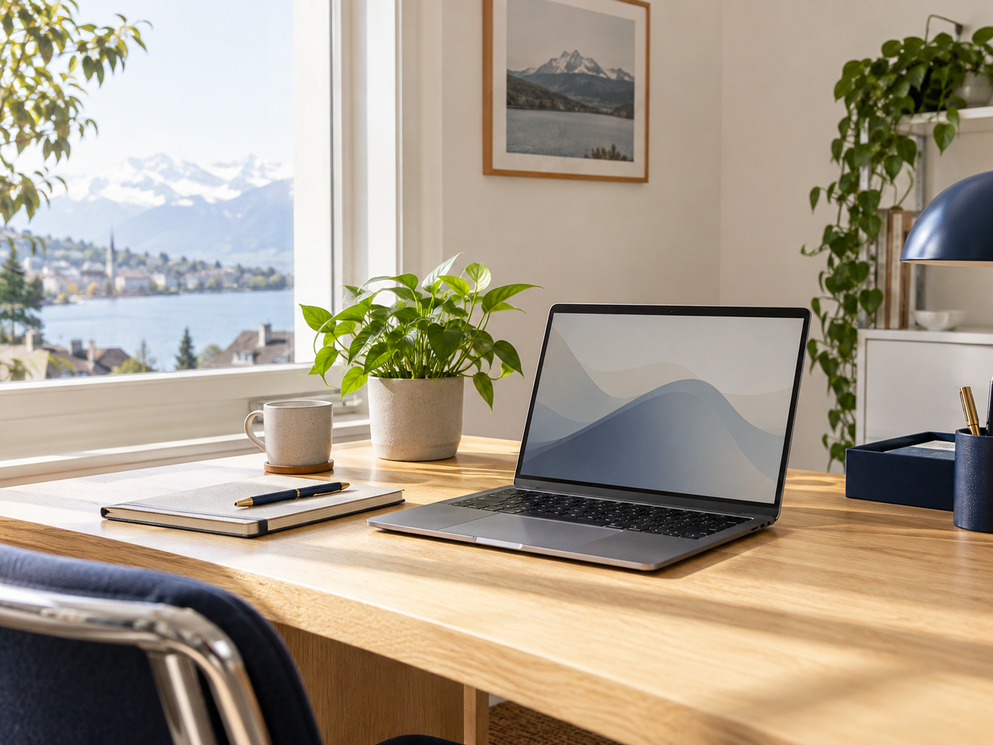 Un espace de travail lumineux avec un ordinateur et un carnet